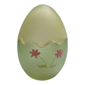 Russ Satin Glass 2 pc Green crack egg Easter Spring Flowers candle holder 5 inch